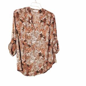 Roswear Brown 3/4 Sleeve Relaxed Blouse with Mandarin Collar